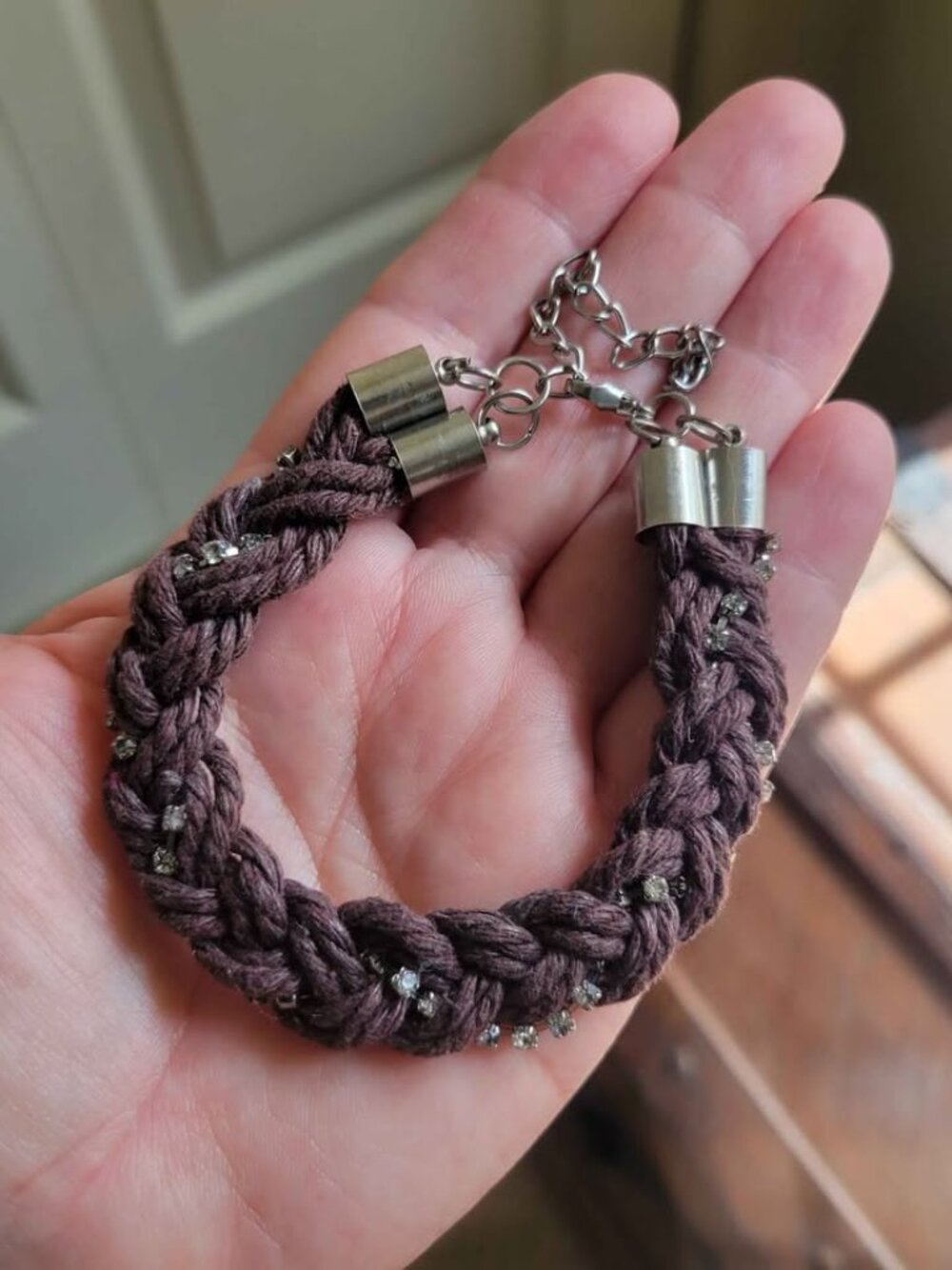 Brown Cotton Cord Three-Strand Sailor Knot Bracelet adorned With Rhinestones